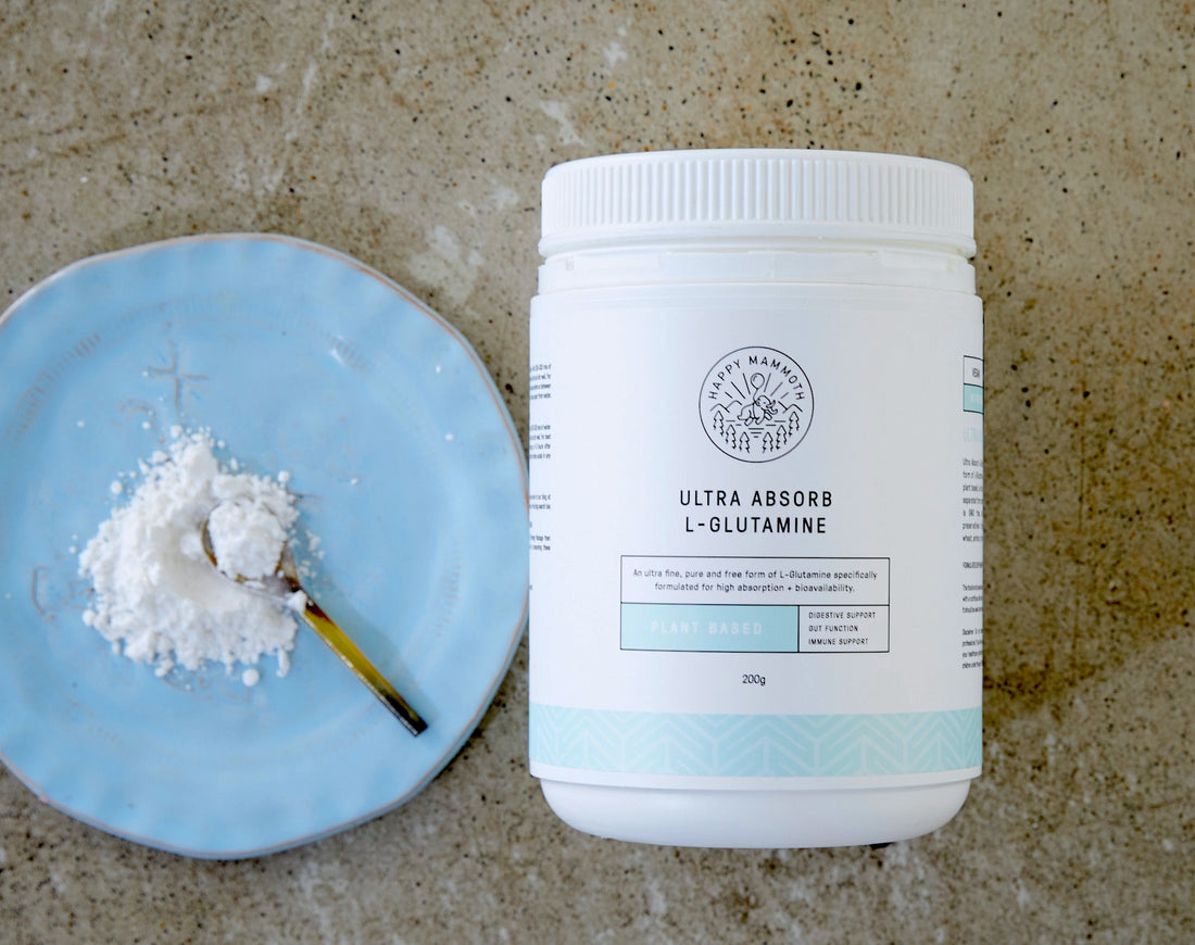 L-Glutamine by Happy Mammoth with a spoon full of powder on a blue plate