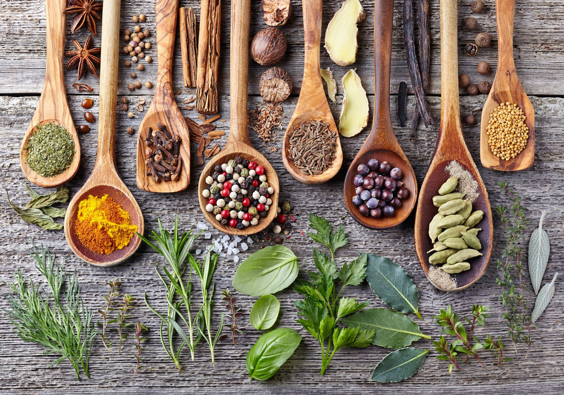 spices on wooden spoons