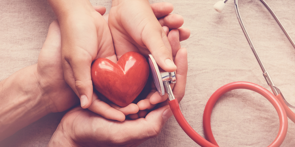 hands holding a heart shaped object and stethoscope 