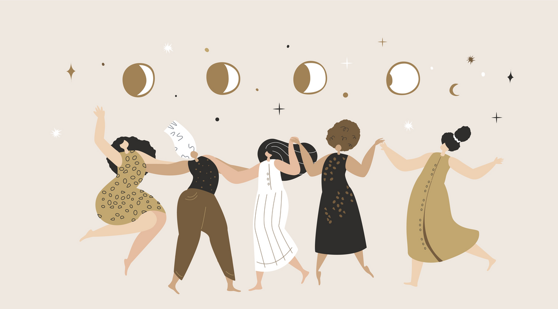 cartoon of women dancing under the moon 