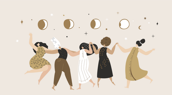 cartoon of women dancing under the moon 