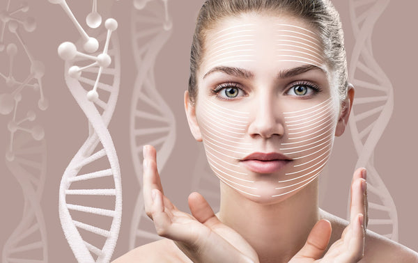 woman looking at her face with DNA molecules behind her
