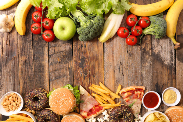 healthy foods on a wood background 